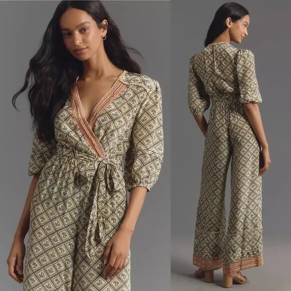 NWT Anthropologie Farm Rio V Neck Sheer Mushroom Print Wide Leg Jumpsuit Medium - Picture 2 of 16